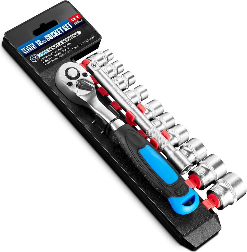 pgroup 12PCS 1/4" Drive Metric Socket Wrench Set, 90-Tooth Reversible Ratchet Handle，6 Point Shallow Sockets (4-13mm) and Extension Bar 4", CR-V Steel, Tool Set For Car,Motorcycle,Bike Repair - Image 1